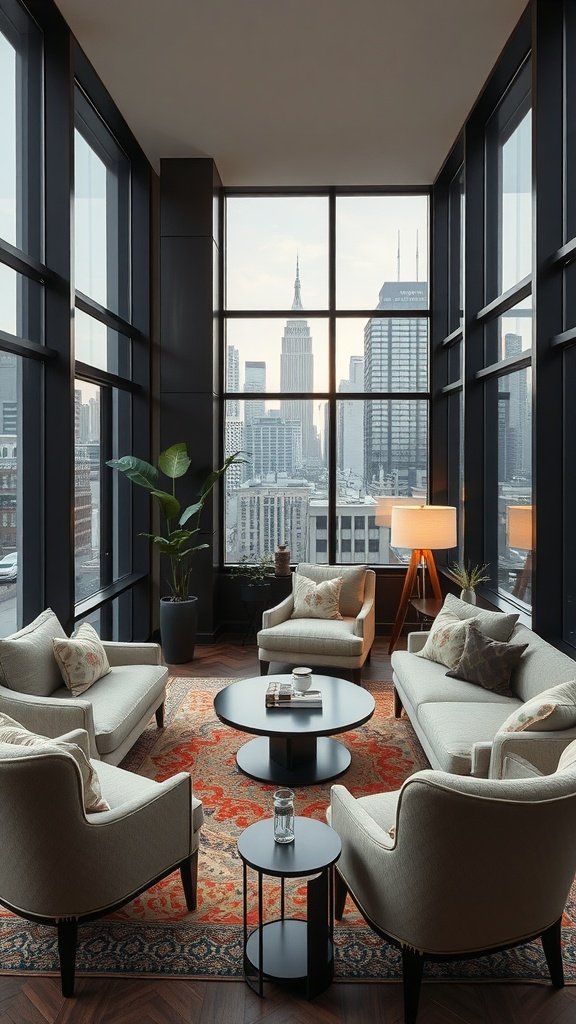 Luxurious penthouse living area with large windows, city skyline view, and cozy seating.