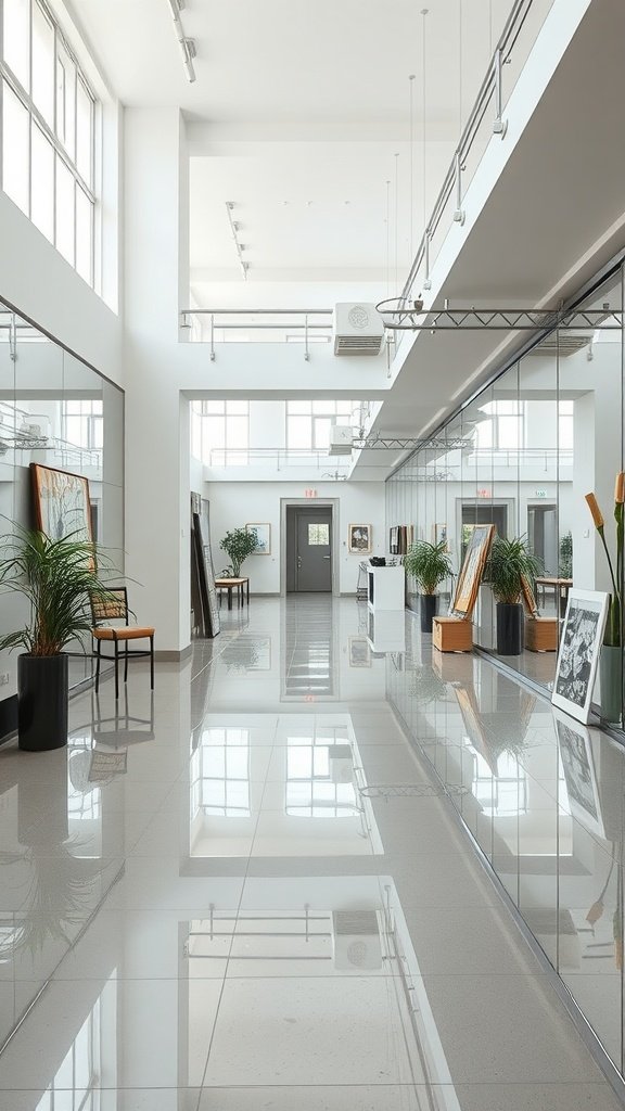 Modern loft interior with reflective surfaces and mirrors, showcasing a sleek hallway.