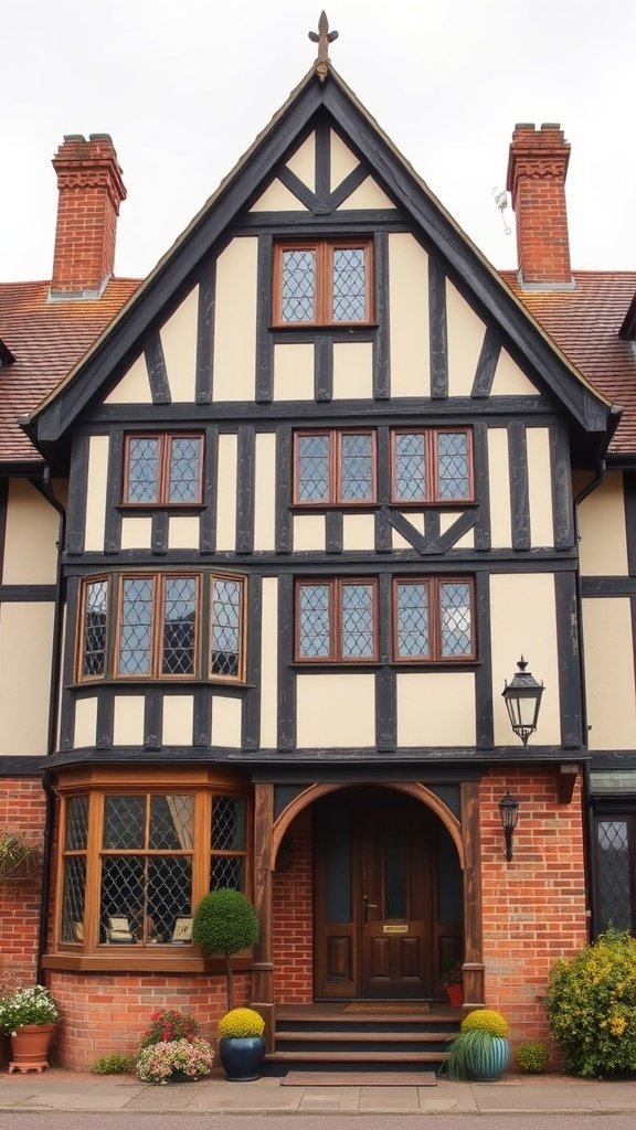 A charming Tudor style home featuring half-timbered exterior, steep roof, and inviting entrance with potted plants.