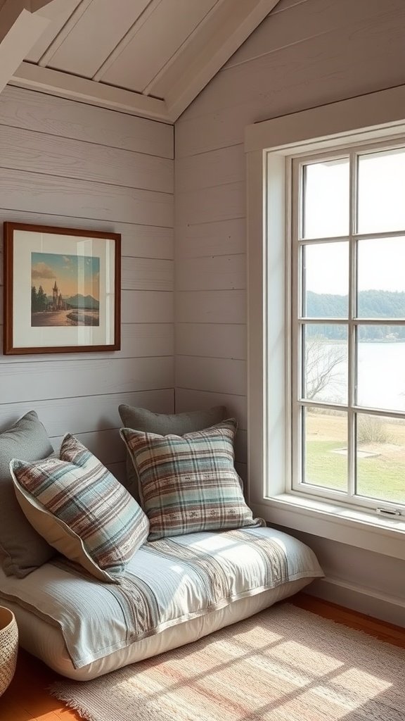 A cozy reading nook by the window with cushions and pillows, featuring a view outside.