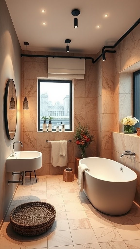 A modern bathroom featuring a freestanding tub, stylish sink, and warm lighting.