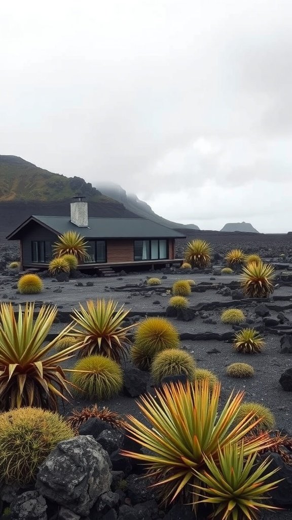 A modern house set against a volcanic landscape in the Canary Islands, with unique plants surrounding it.