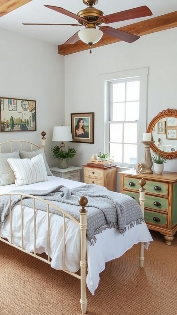 A cozy farmhouse guest bedroom featuring a metal bed frame, vintage dresser, and decorative wall art.