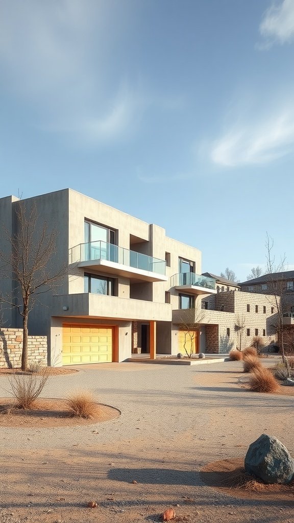 Modern precast concrete house with large windows and a gravel landscape in a harsh climate