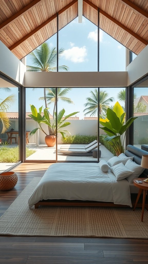 A modern tropical master suite with large windows, wooden ceiling, and a view of palm trees.