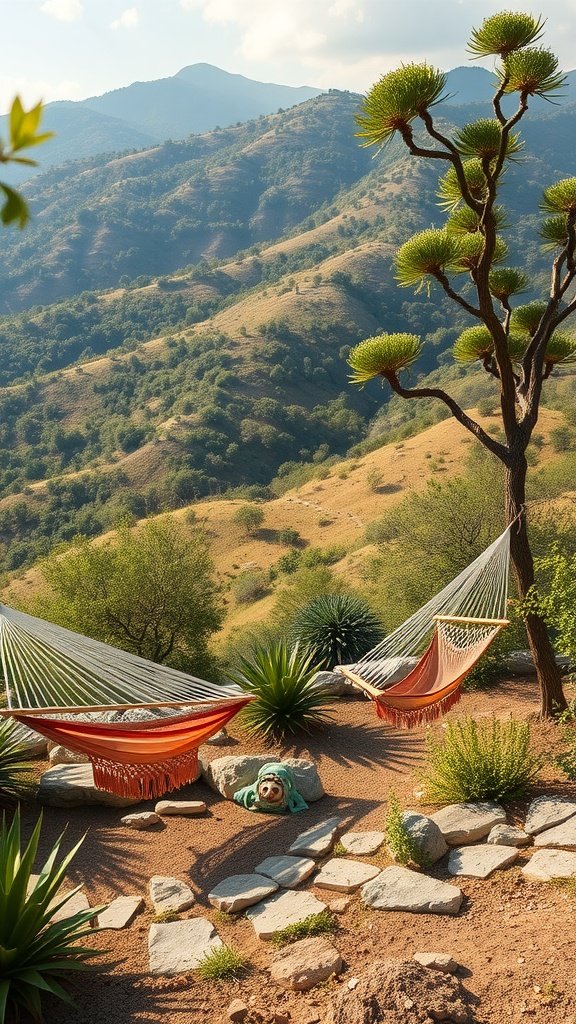 Two hammocks on a hillside surrounded by greenery and distant mountains.