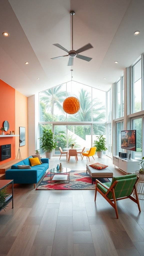 A retro-inspired open concept living room featuring vibrant colors and large windows, showcasing stylish furniture and greenery.