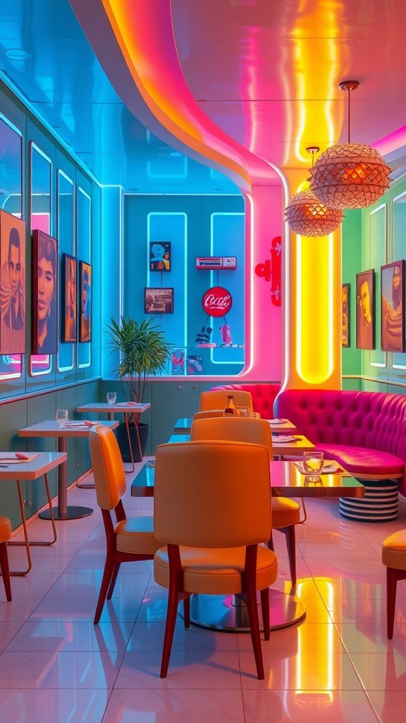 A vibrant café interior showcasing retro futurism with neon lighting, plush seating, and art from the 90s.