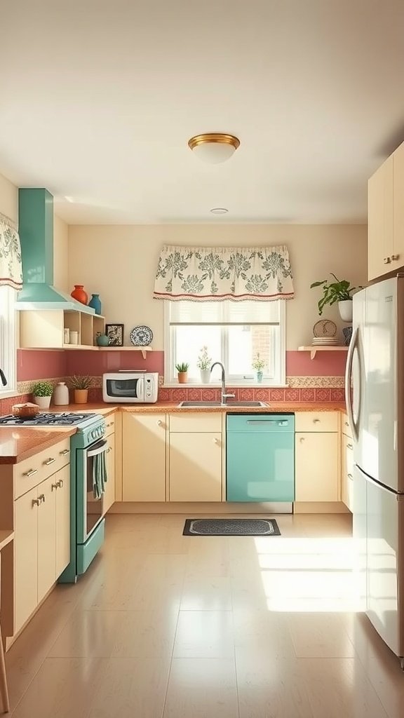 A retro kitchen featuring teal accents, floral window treatments, and a warm color palette.