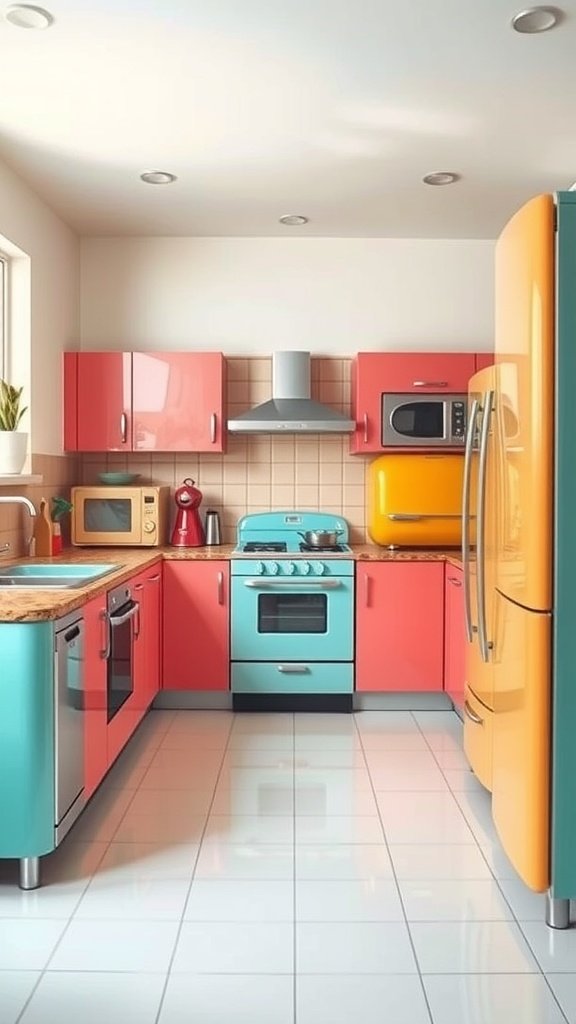 A colorful retro kitchen featuring turquoise, coral, and yellow cabinets and appliances.