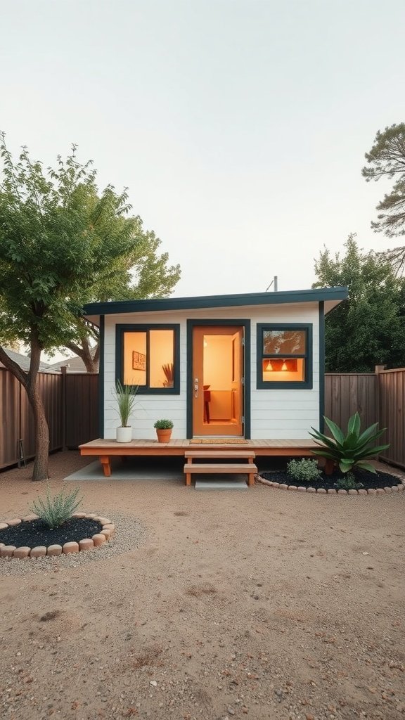 A small mid-century modern tiny house with a welcoming porch and natural landscaping.
