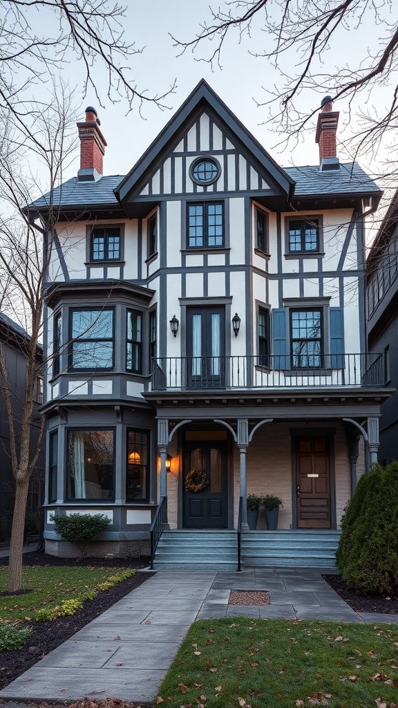 A beautifully remodeled historical-style house with timber framing and a modern touch.