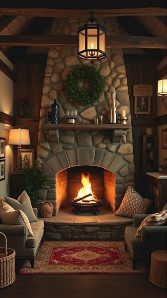 Cozy nook with a stone fireplace, two chairs, a colorful rug, and warm lighting.