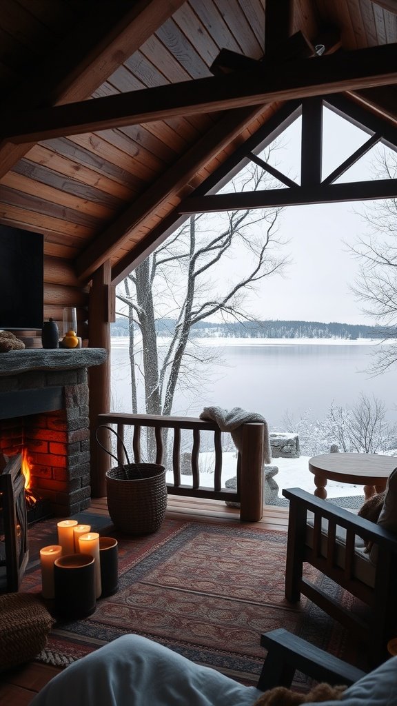 Cozy cabin interior with a view of a snow-covered lake in the Finger Lakes