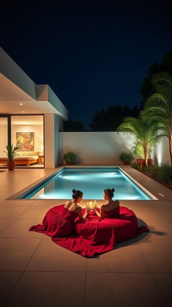 Two women in red dresses sitting by a private pool at night, surrounded by lush greenery.