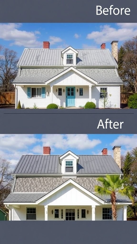 Before and after image of a farmhouse with roof replacement, showcasing a metal roof in the before image and a stylish shingle roof in the after image.