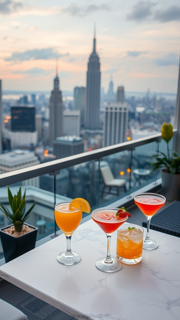 A selection of cocktails served on a rooftop bar with a city skyline view.