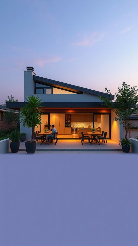 A contemporary house with a rooftop patio, showcasing a dining area and plants.