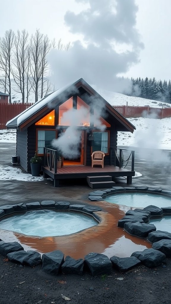 A cozy cabin with steam rising from geothermal pools on a winter day in Rotorua