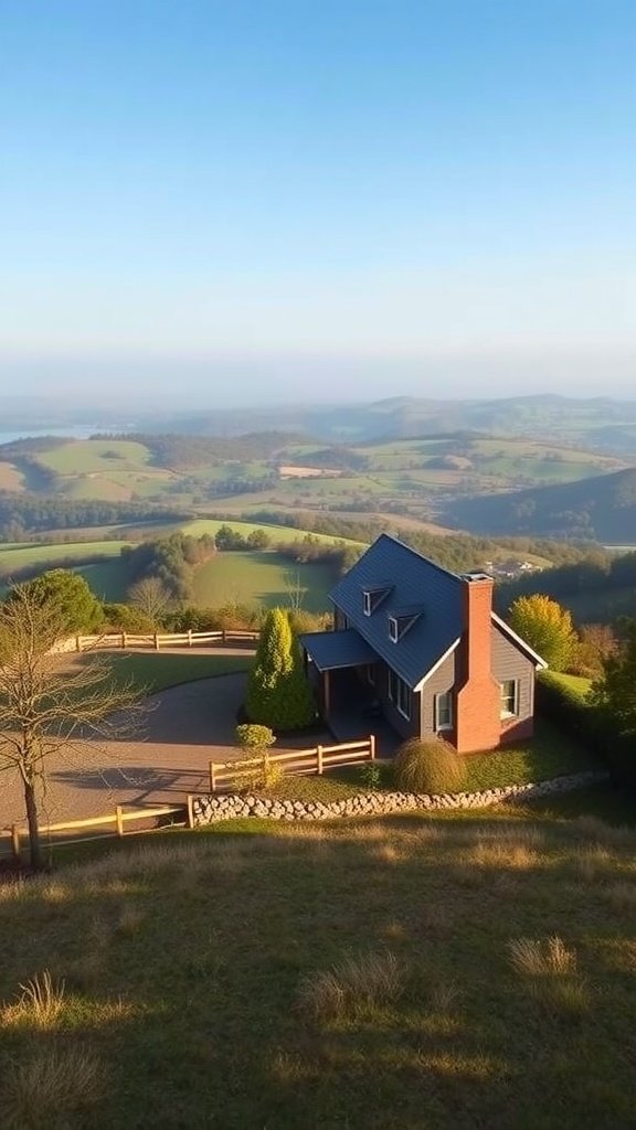 A cozy rural house on a hill with scenic views of green fields and blue sky.
