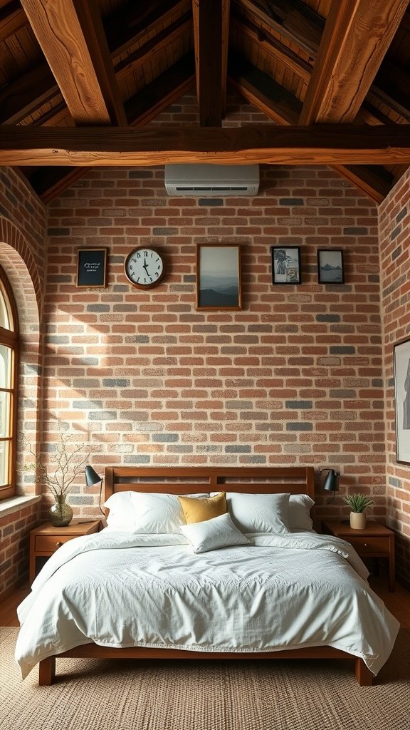 Cozy bedroom with rustic beams and exposed brick walls, featuring a wooden bed and soft white bedding.