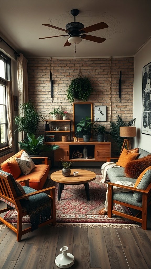 Cozy living room with rustic decor, plants, and comfortable seating.