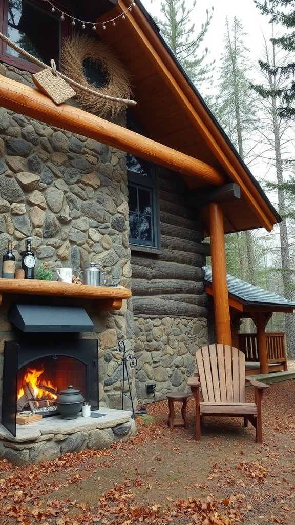A rustic cabin featuring a stone fireplace, wooden accents, and outdoor seating surrounded by nature.