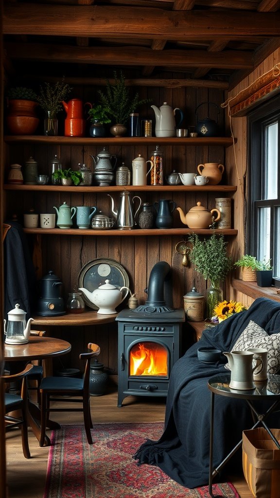 A rustic brew corner with shelves filled with teapots, a small table, and a wood stove.
