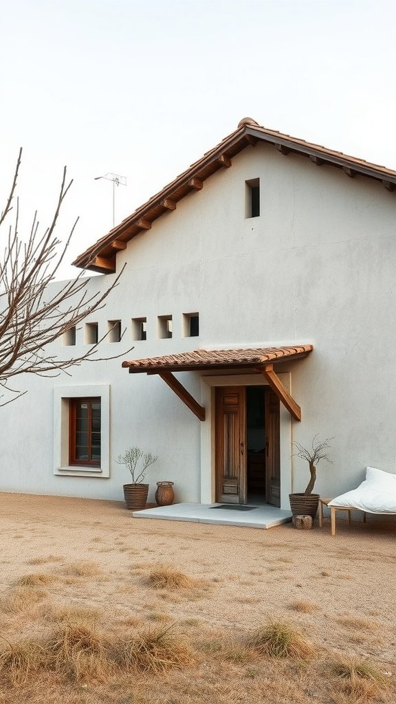 A rustic precast concrete house with a sloped roof and wooden accents, surrounded by a dry landscape.