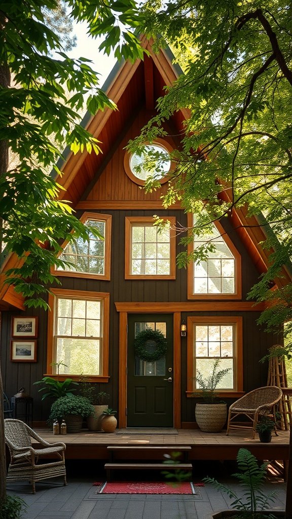 A charming A-frame house surrounded by lush greenery, featuring large windows and cozy porch seating.