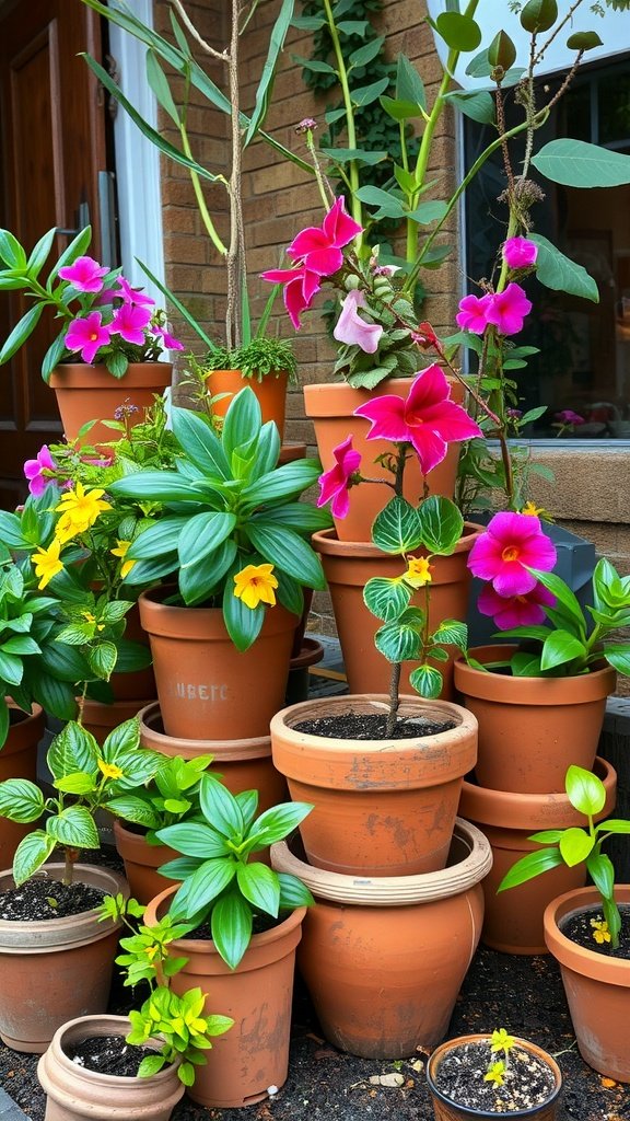 An arrangement of vibrant flowers in rustic clay pots, showcasing a bohemian garden aesthetic.