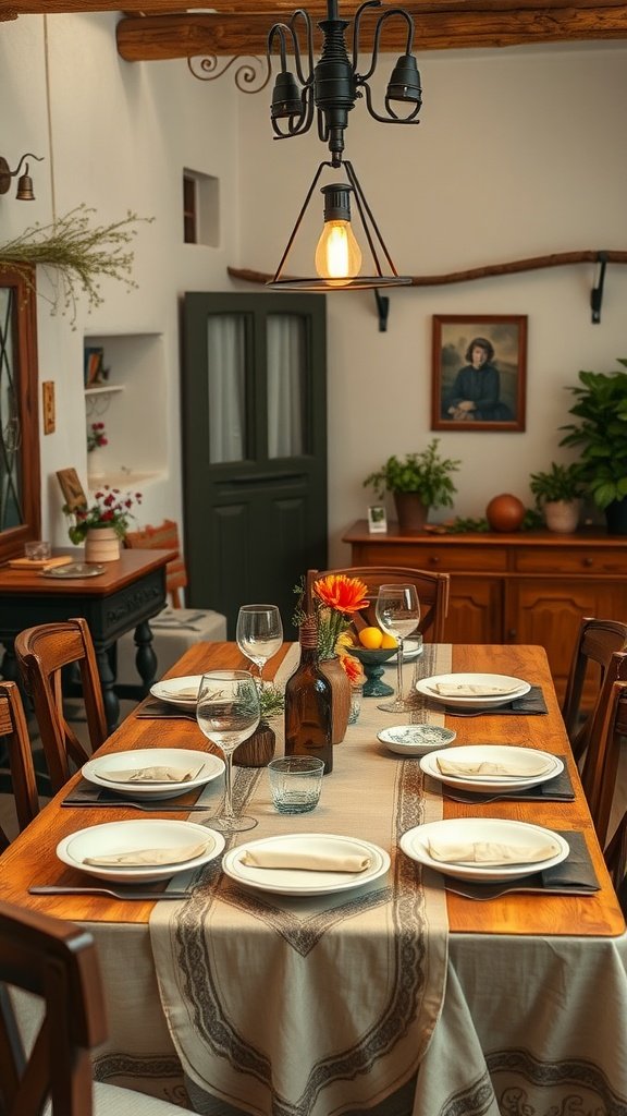 A rustic dining table set for a family meal with simple decor and warm lighting.