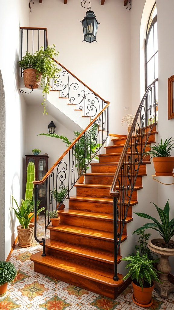 A beautiful staircase in a Spanish house featuring wooden steps, decorative iron railing, and potted plants.