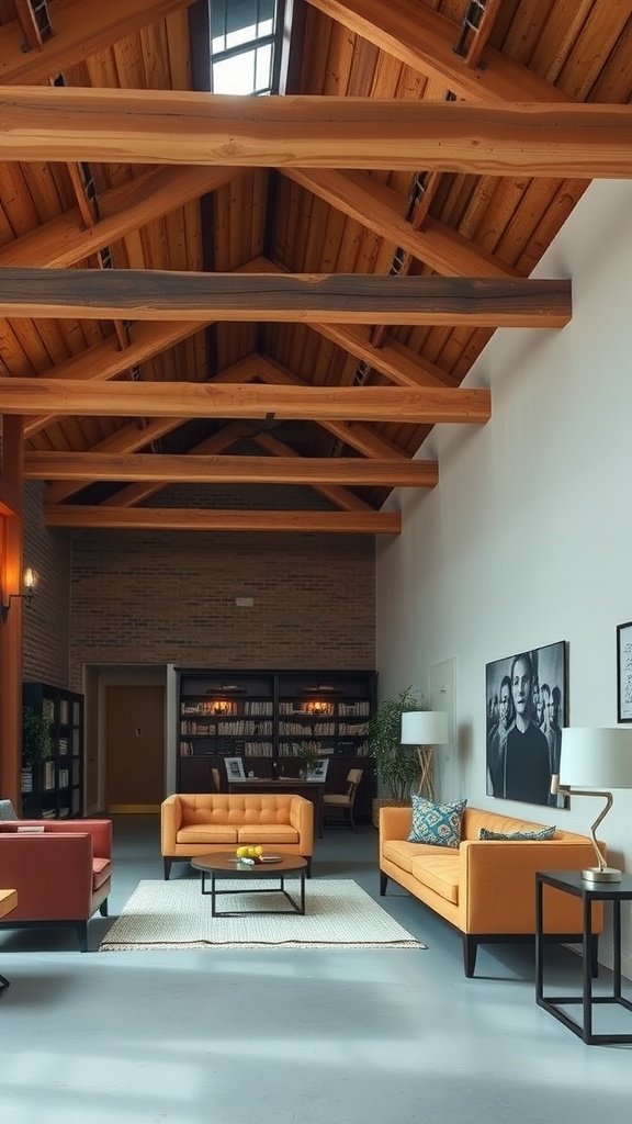 A modern loft interior featuring rustic wooden beams, an orange sofa, and an inviting atmosphere.
