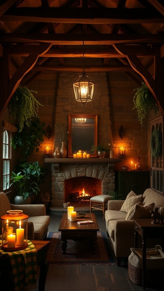 A rustic living room with a stone fireplace, cozy sofas, candles, and greenery.