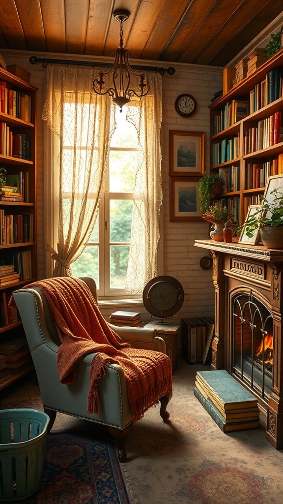 A cozy reading nook with an armchair, bookshelves, and a fireplace, creating a warm atmosphere.