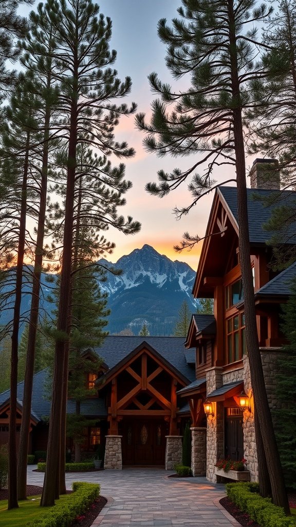 A rustic mountain house surrounded by tall pine trees and dramatic mountain scenery during sunset.