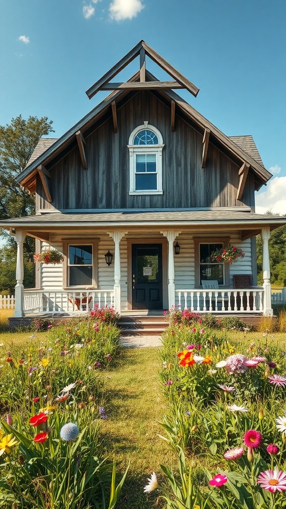 A charming rustic farmhouse surrounded by colorful flowers and a clear blue sky.