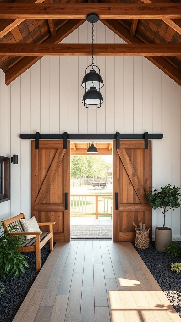 Rustic farmhouse entrance with wooden barn doors, wooden beams, stylish light fixtures, and a cozy bench.