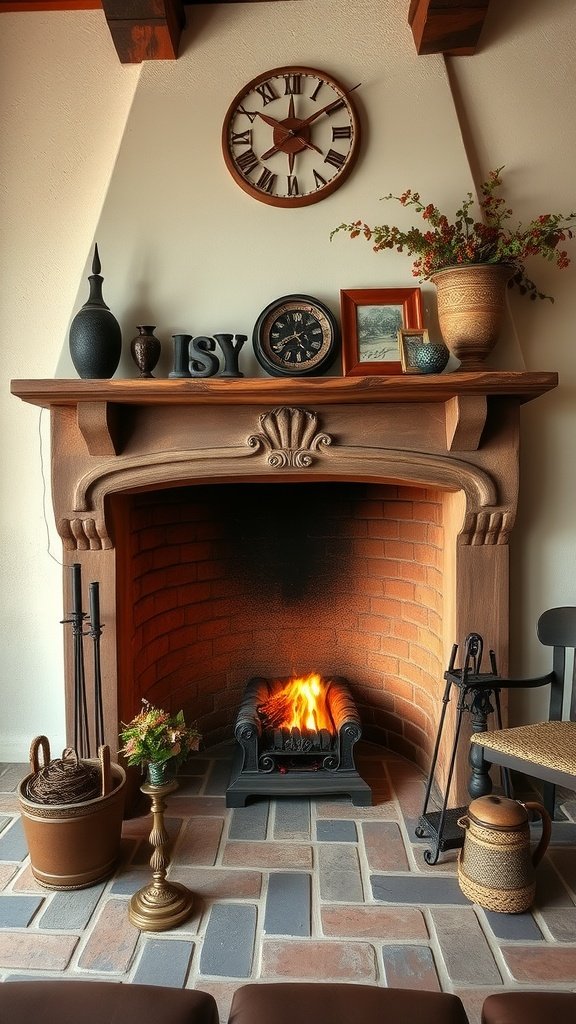 A rustic fireplace with a brick interior, decorated with vintage items on the mantel and a warm fire burning.