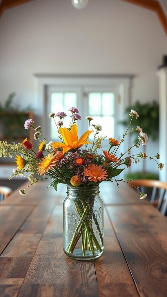 A rustic floral arrangement with bright flowers in a mason jar on a farmhouse table
