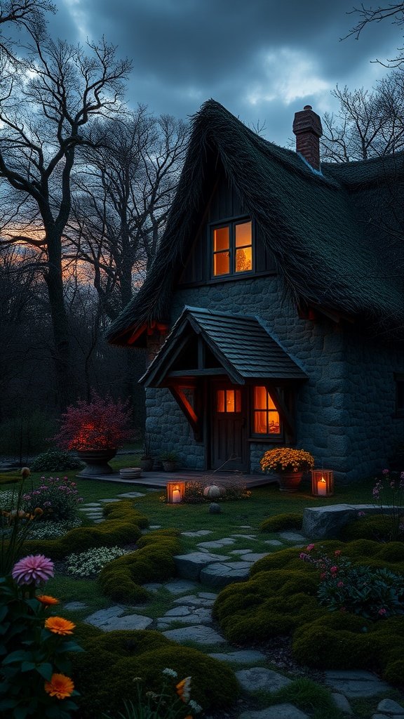 A charming stone cottage with thatched roof surrounded by a lush garden at dusk.