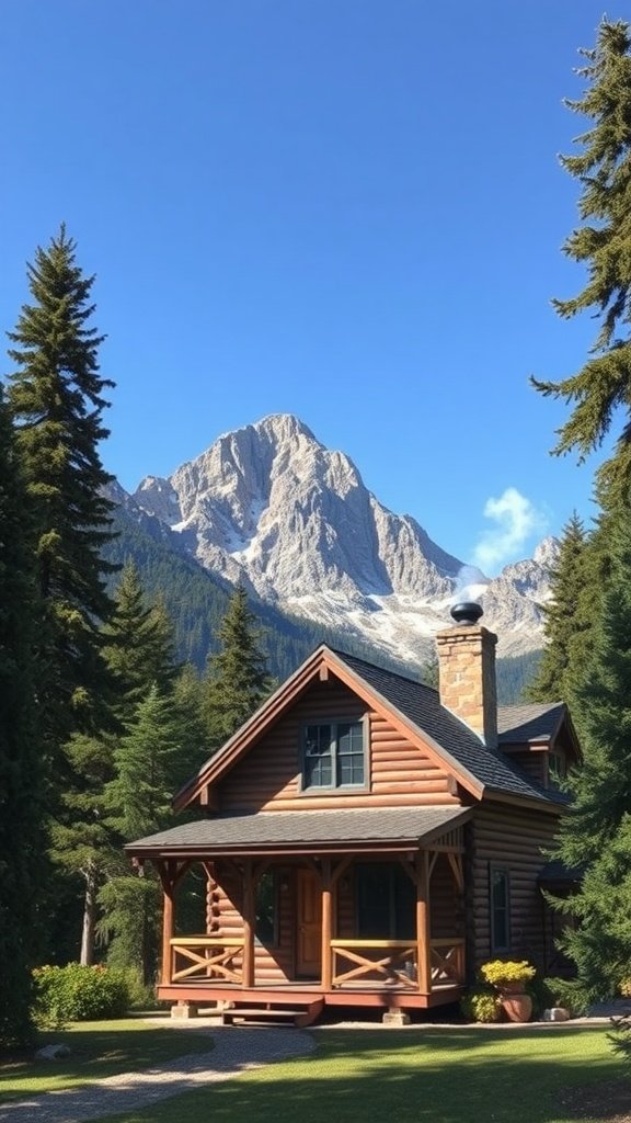 A rustic mountain cabin surrounded by trees with a towering mountain in the background.