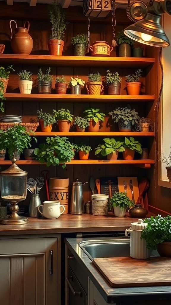 A rustic kitchenette featuring wooden shelves filled with various herb pots, simple kitchen tools, and a warm, inviting atmosphere.