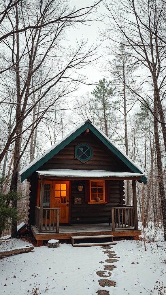 Cozy log cabin surrounded by snow-covered trees in the Ozarks
