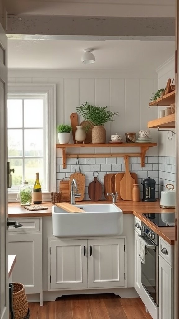Rustic kitchen featuring a farmhouse sink, wooden countertops, open shelves with kitchenware, and potted plants