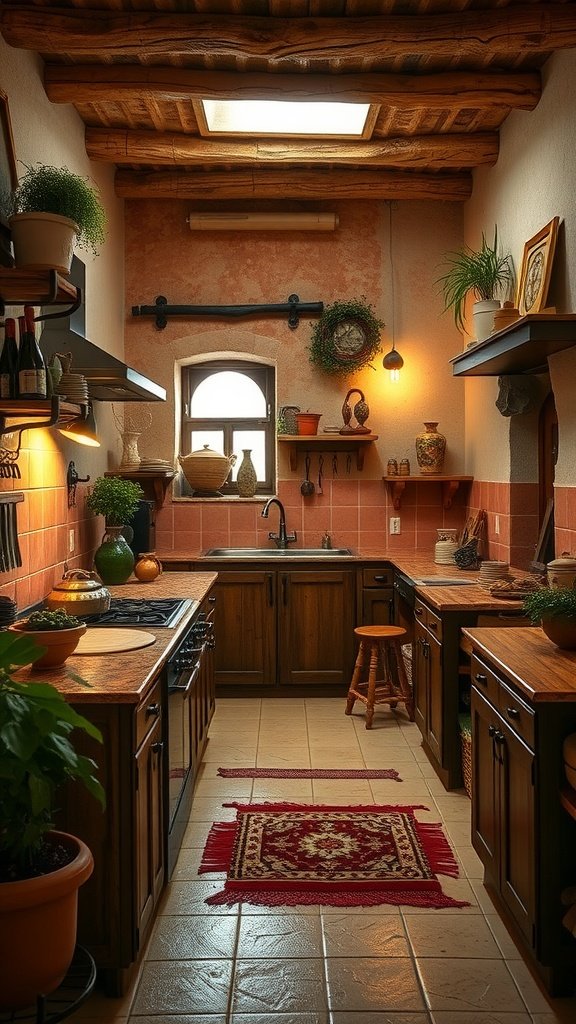 A rustic kitchen featuring wooden beams, terracotta tiles, vintage decor, and potted plants, creating a warm and inviting atmosphere.