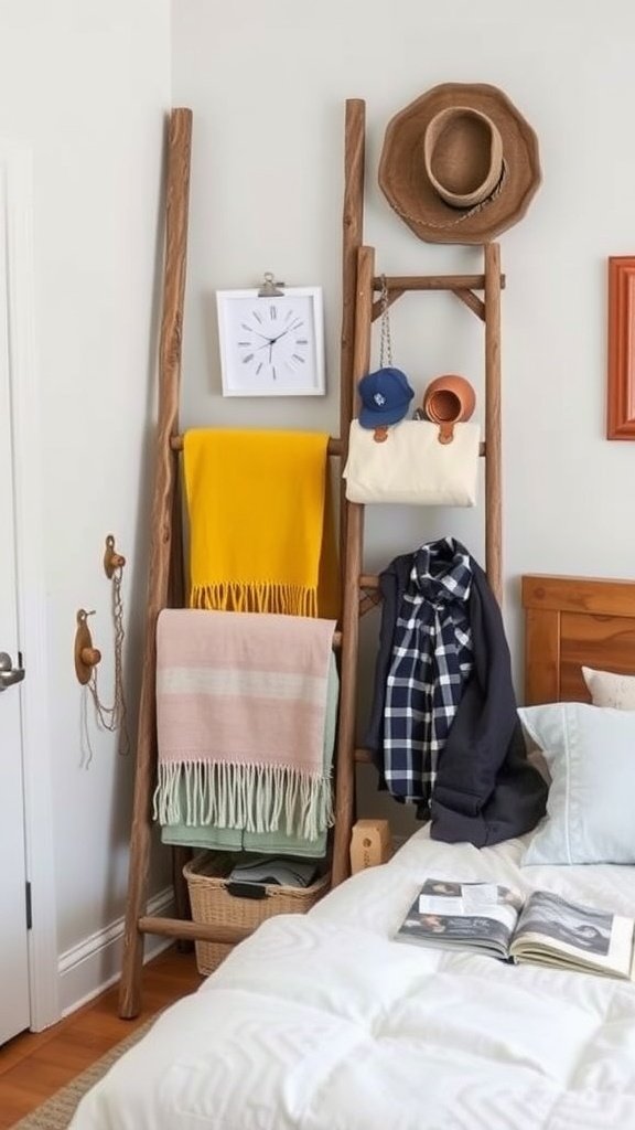 A rustic wooden ladder decorated with hats, throws, and a clock, leaning against a wall in a cozy guest bedroom