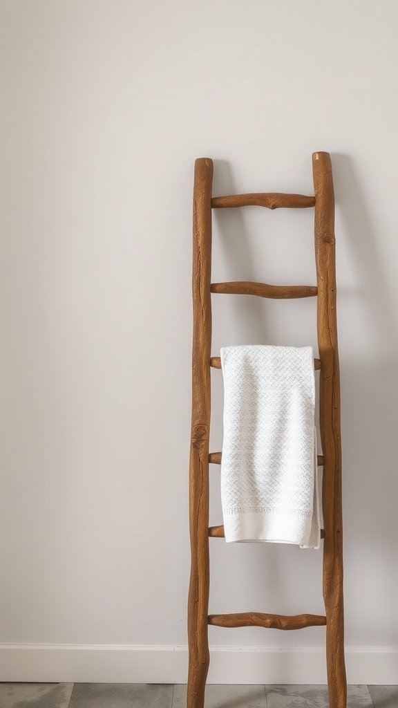 A rustic wooden ladder with a white towel hanging on it, against a light wall.