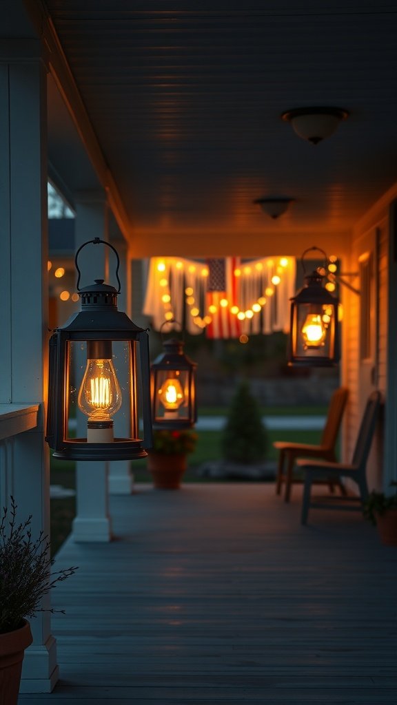 Rustic lanterns hanging on a porch, providing warm ambient lighting